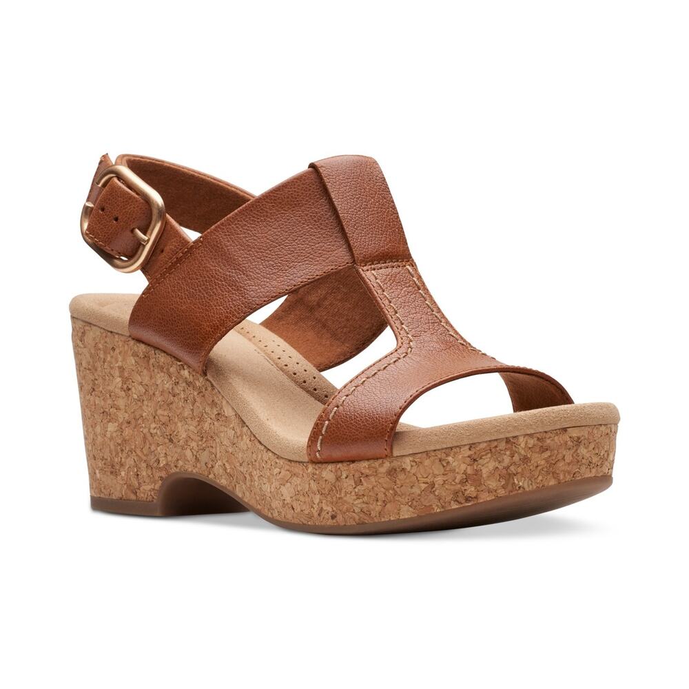 NWT Clarks Women's Giselle Style Wedge Sandal, Tan Leather, 5.5